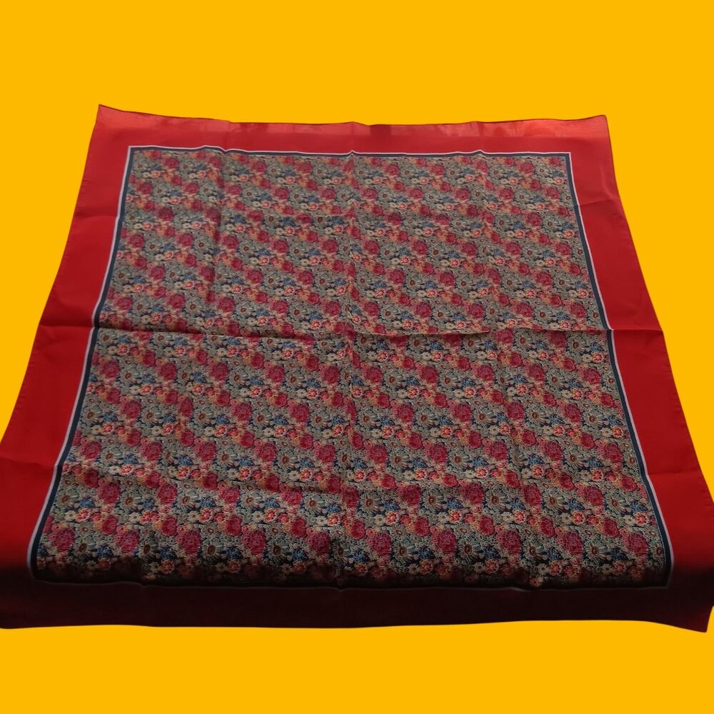 Vintage Floral Print Scarf 25" 1970's Red Border Multicolor Flowers Square